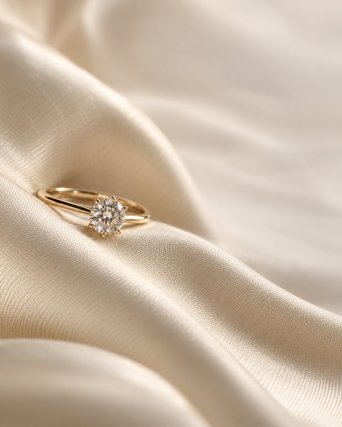 Goldring mit Diamant auf elfenbeinfarbener Seide